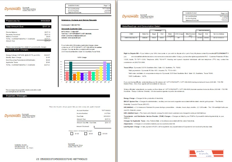 New York Dynowatt electricity business utility bill Word and PDF formats, 2 pages
